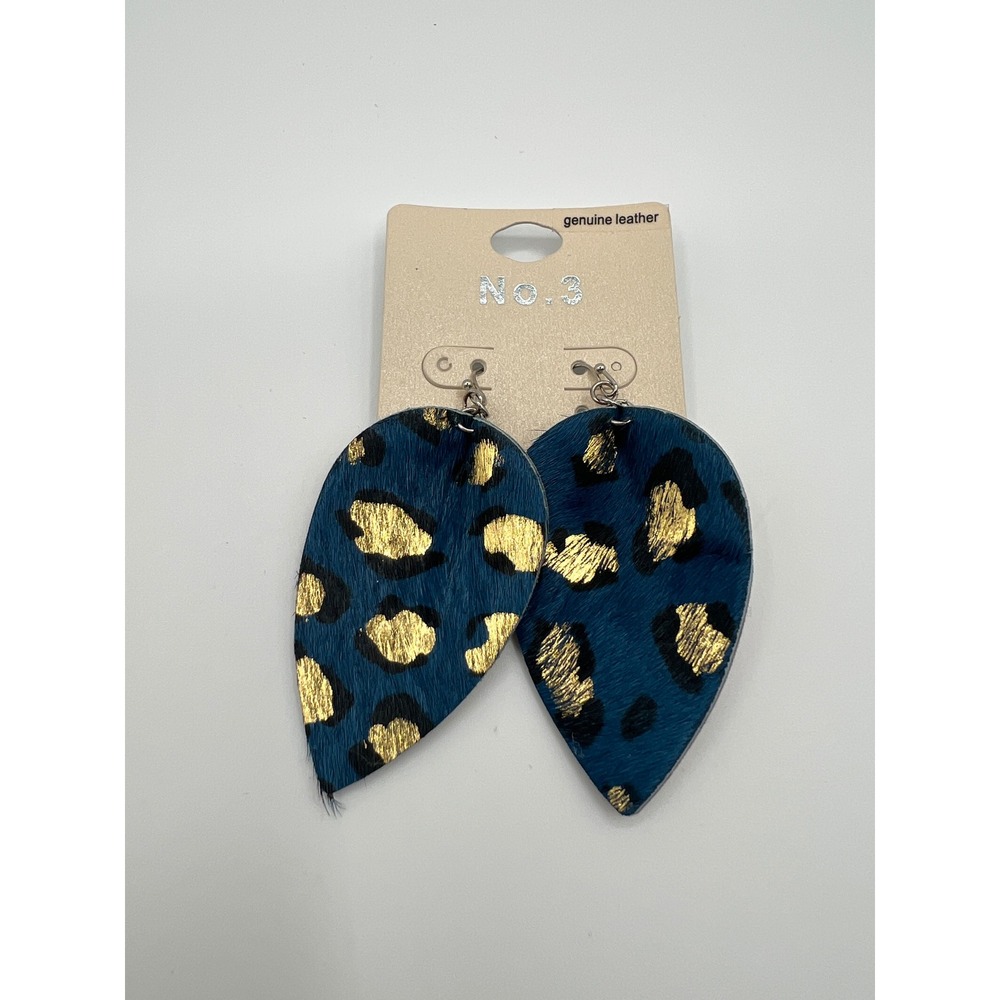 No. 3 Genuine Leather Blue Leopard Gold Foil Teardrop Earrings TE9316 RHBL